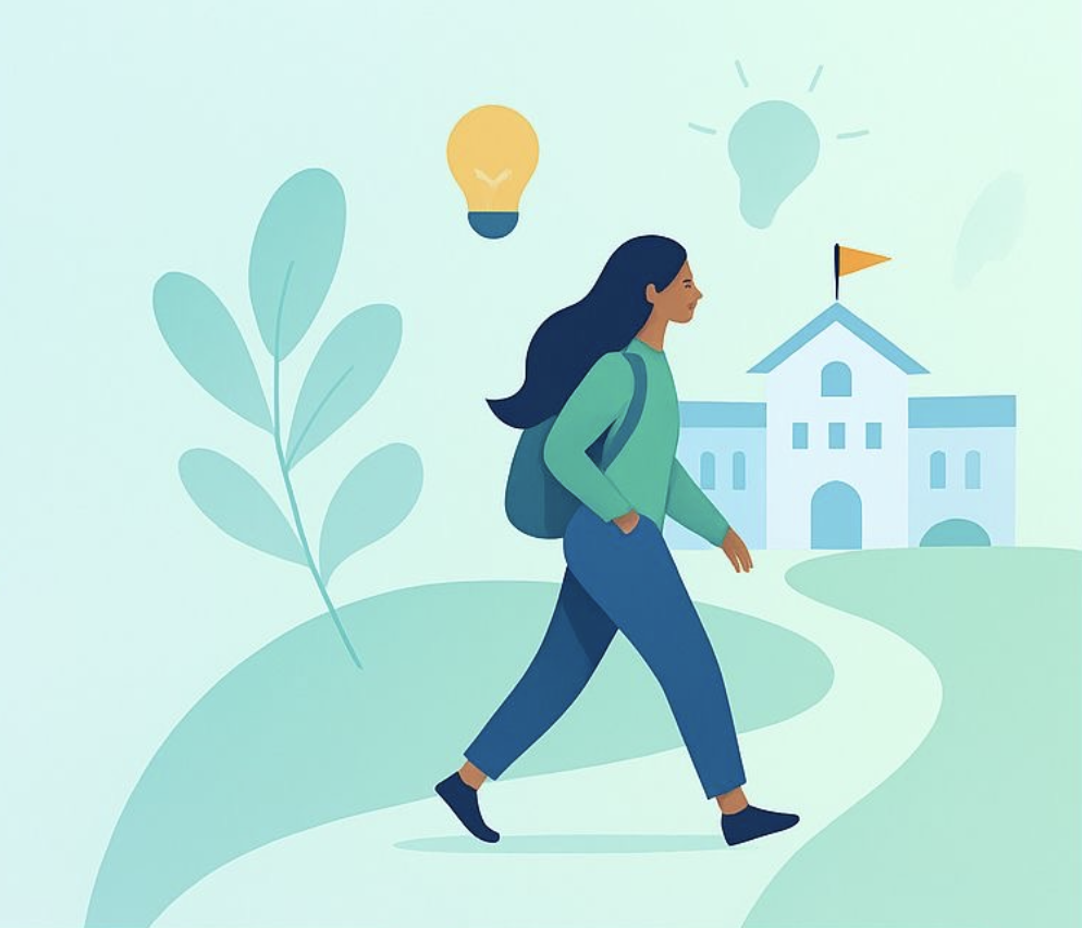 Student walking confidently towards college success with lightbulbs and college building